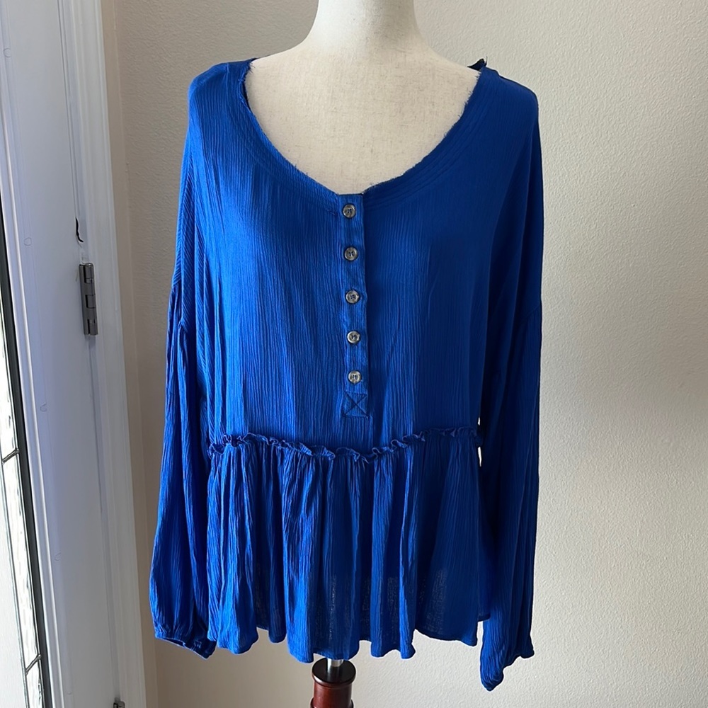 Baku Cobalt Blue Boho Peplum Henley Blouse Long Sleeve NWT
